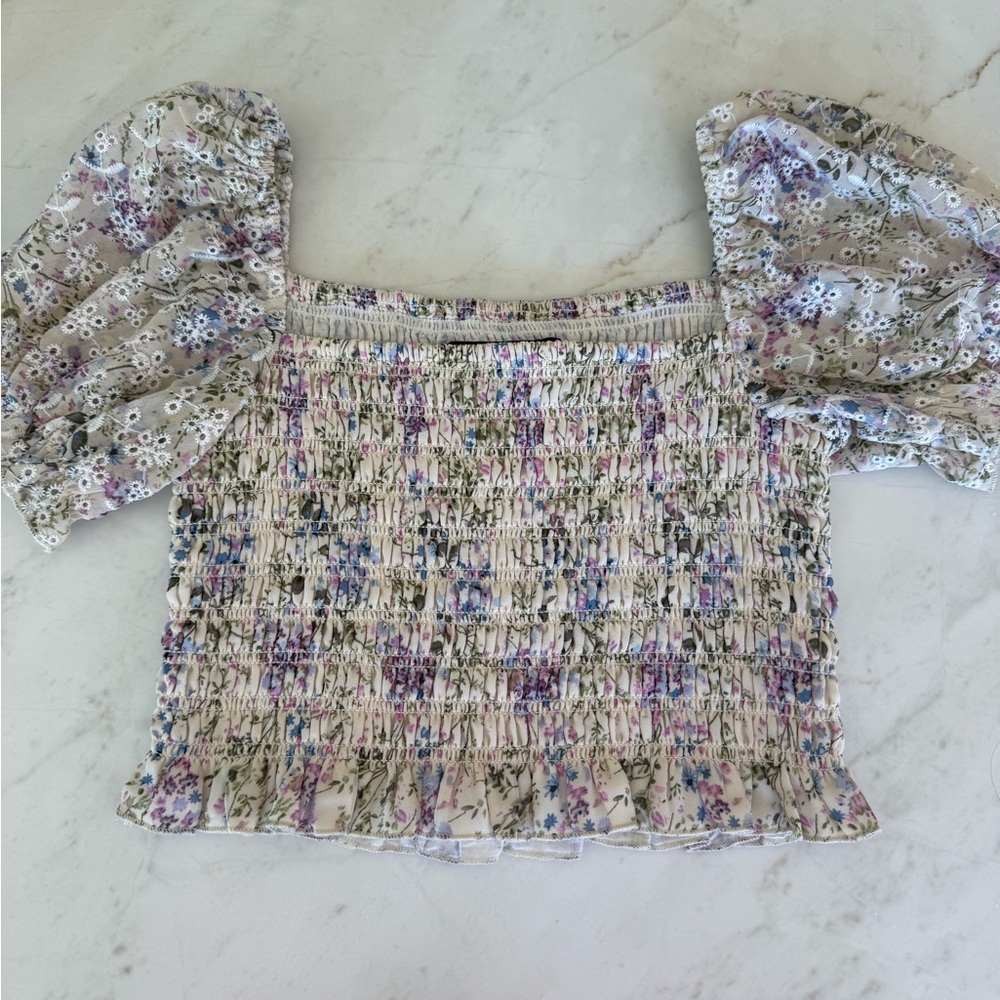 Katie J NYC Floral Smocked Blouse with Puff Sleeves